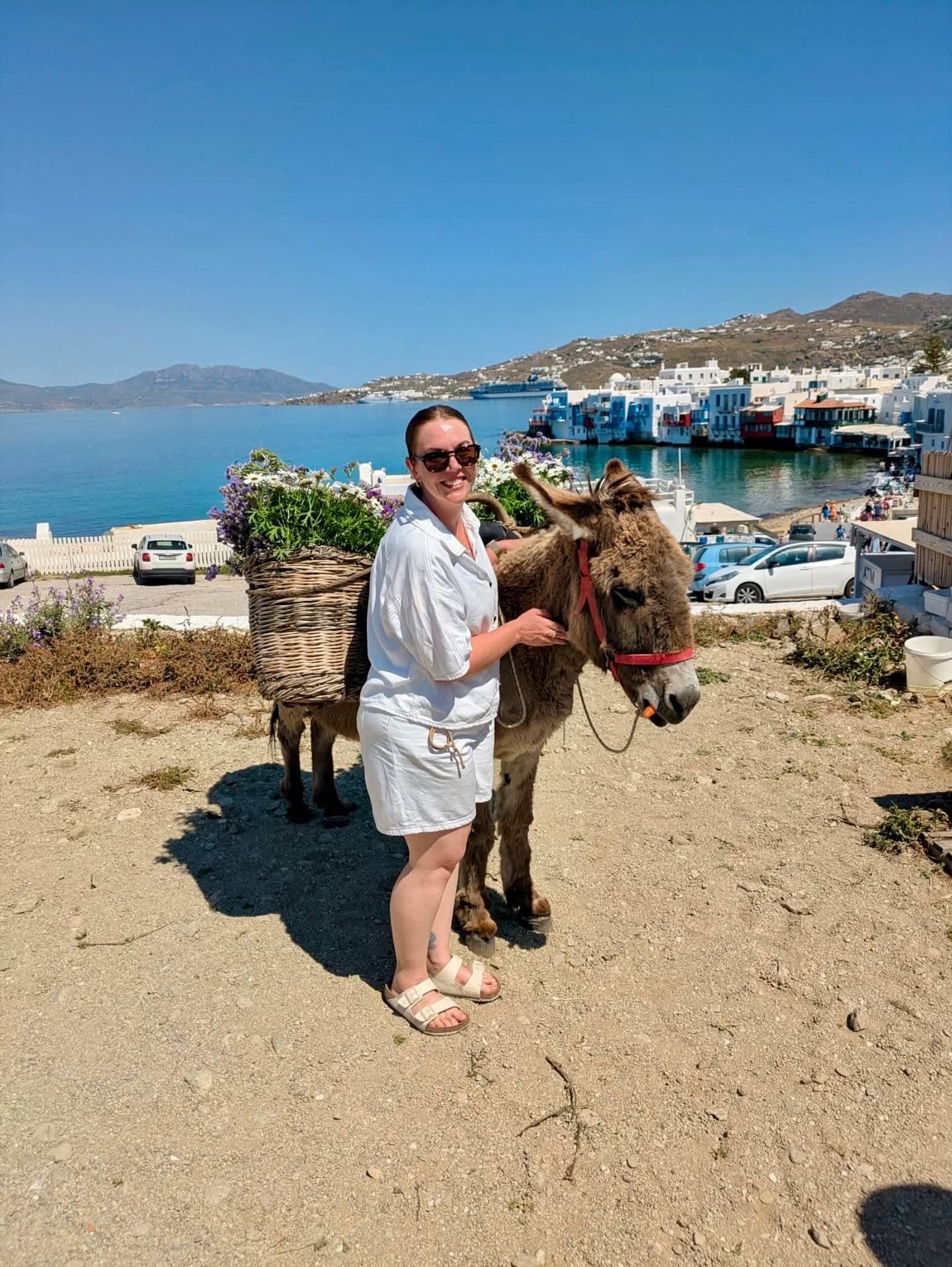Bec on a Greek island, beside a donkey with the harbour behind her