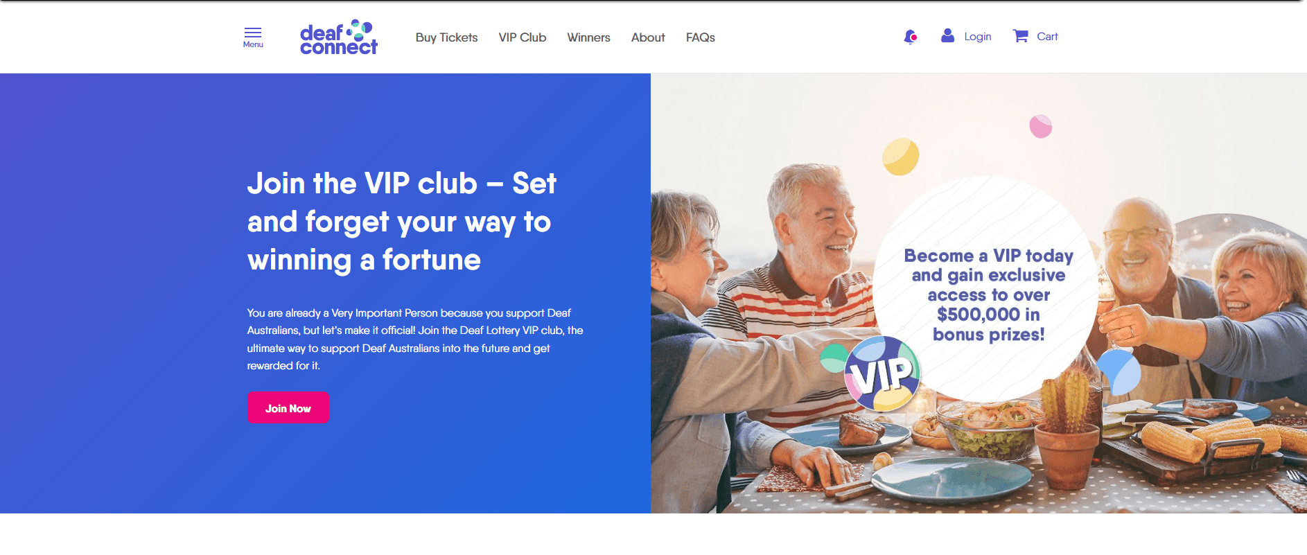 Earlier Deaf Lottery VIP Club page, with a blue gradient, a large photograph of older adults and a dotted VIP badge over the image