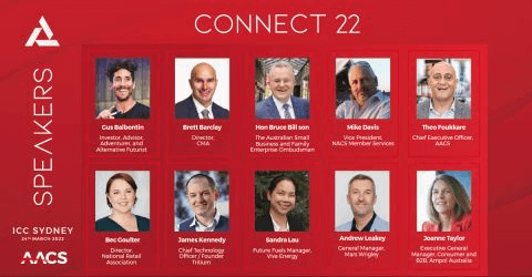 Red AACS CONNECT 22 conference speaker graphic featuring Bec Goulter alongside other industry speakers.