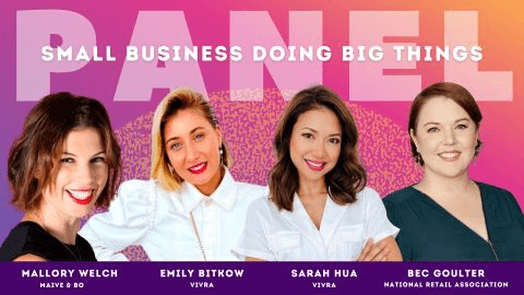 Panel promotional artwork featuring Mallory Welch, Emily Bitkow, Sarah Hua and Bec Goulter.
