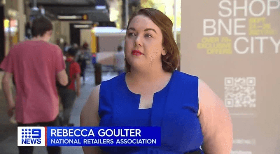 9News Queensland interview still identifying Rebecca Goulter and the National Retailers Association
