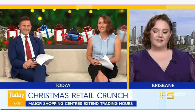 Bec on the Brisbane side of a split-screen live cross with the Today presenters