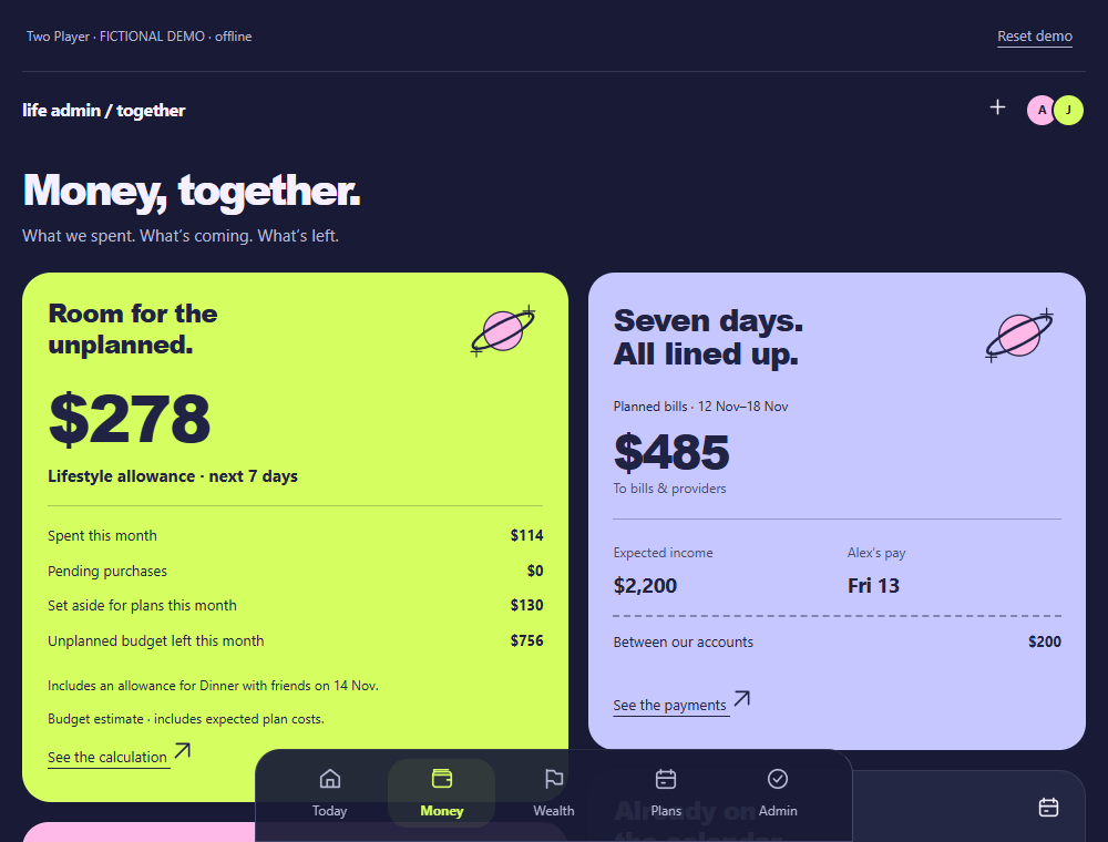 Fictional Money view showing spending, reserved plans and the remaining allowance.